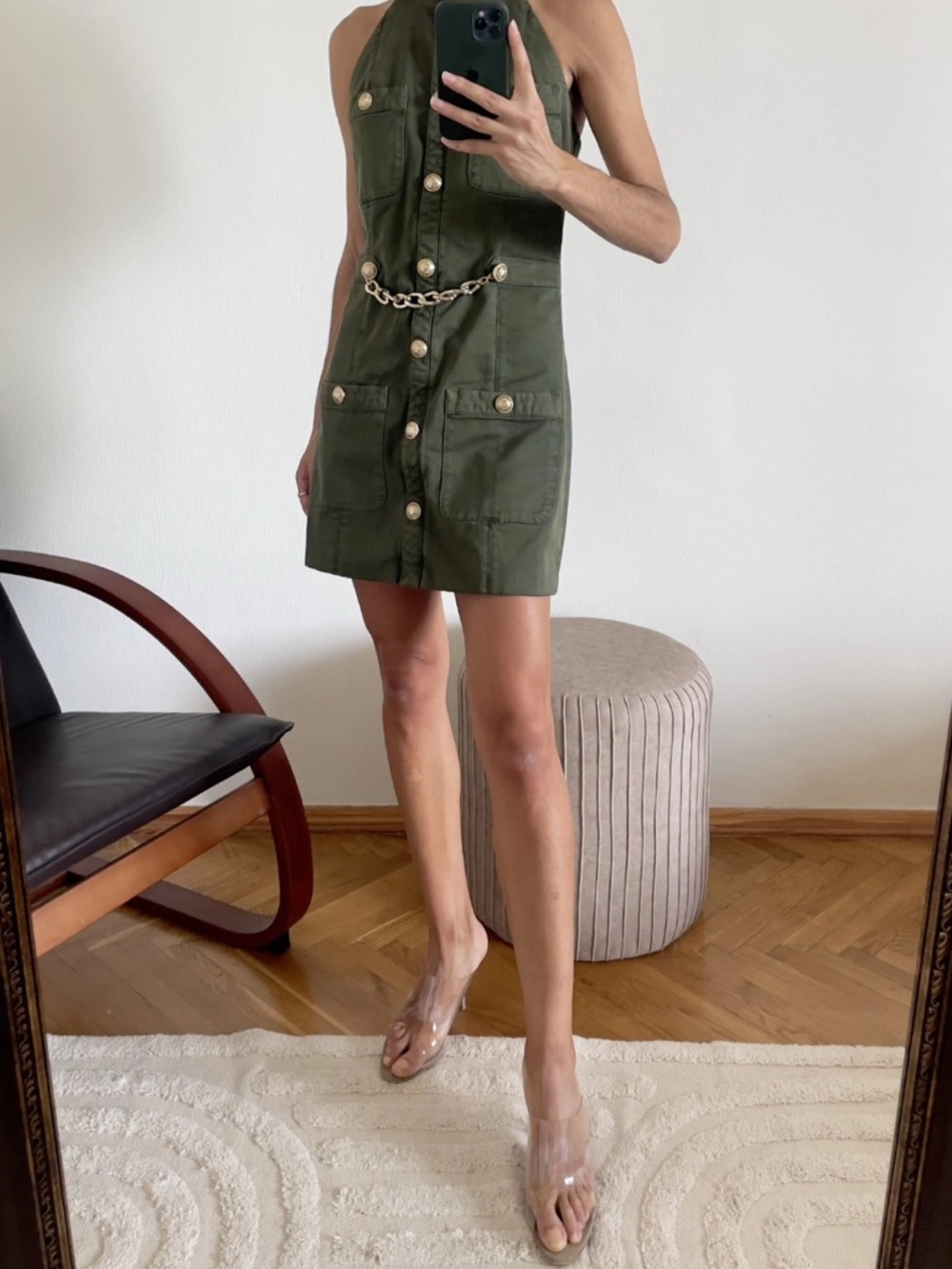 BALMAIN Military Green Khaki Cotton Halter Mini Dress with Gold Chain Belt - Picture 4 of 14